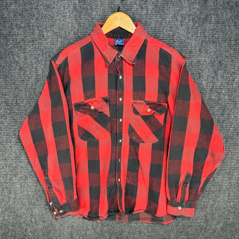 Vintage 80s MightyMac Mens XL Red Buffalo Plaid Cotton Flannel Shirt 100% Cotton